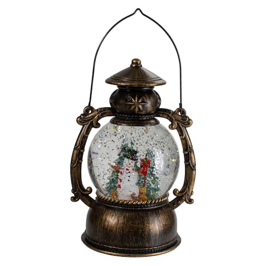 8" Black with Brushed Gold LED Snowman & Christmas Trees Snow Globe Lantern